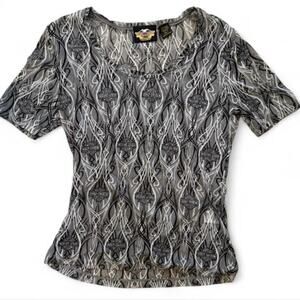 2000s y2k grunge biker mesh grey & white Harley Davidson baby tee womens L